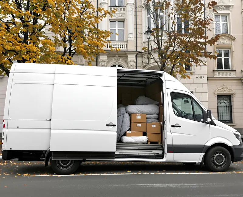 Weißer Mercedes-Sprinter vor einem Leipziger Gründerzeithaus